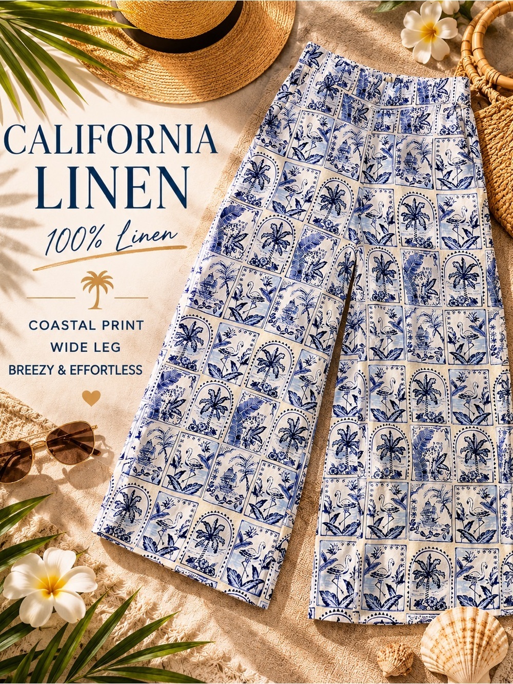 C&C California Linen Blue White Tropical Print Linen Wide Leg Pants Medium